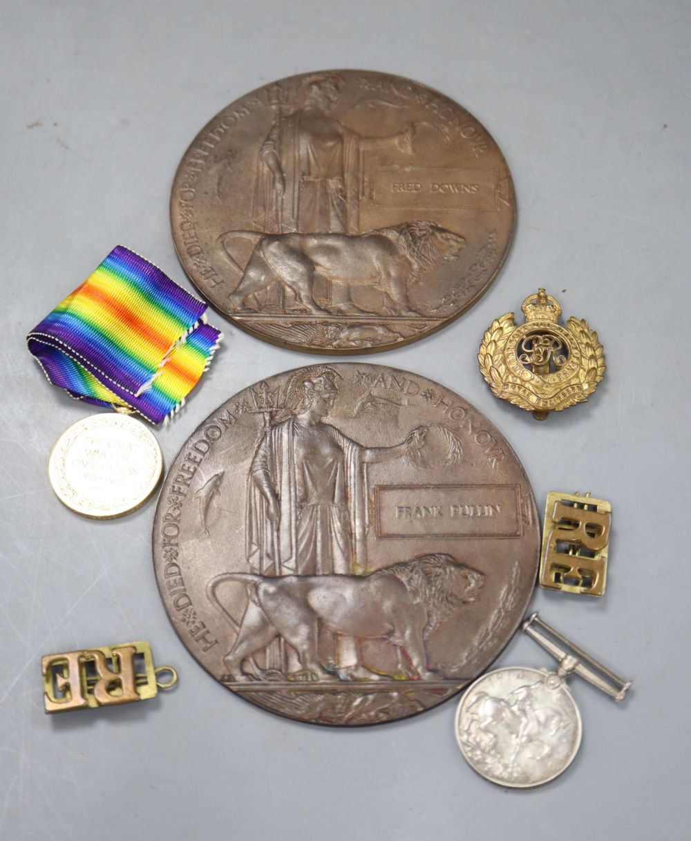 A WWI trio and memorial plaque to Frank Pullin, Royal Engineers 132379, 180 Company, KIA 19th July 1916 and a memorial plaque for Fred